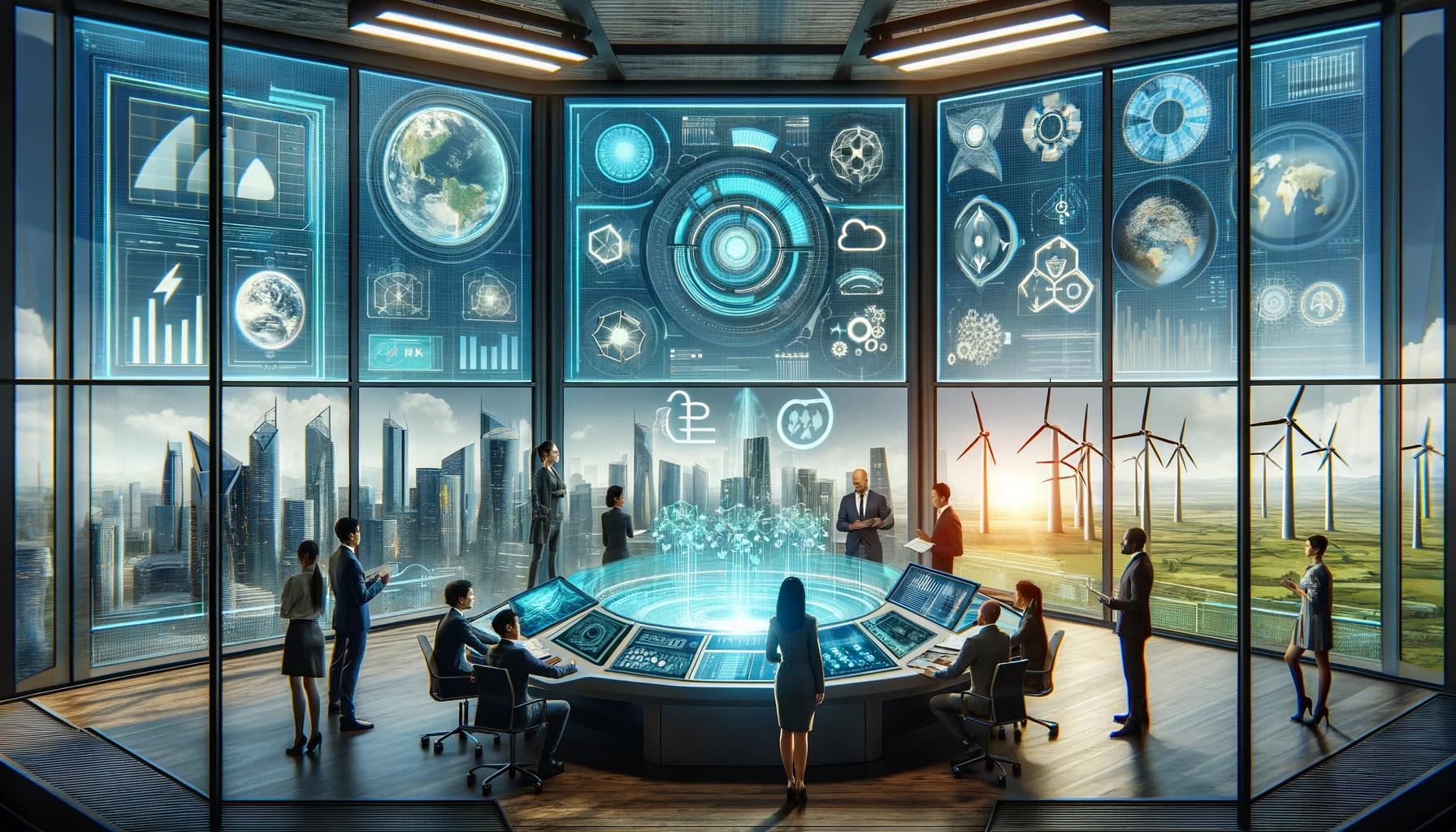 DALL·E 2023-12-22 15.01.38 - A futuristic and conceptual image representing the key challenges for energy companies in 2024. The scene includes a high-tech control room with large