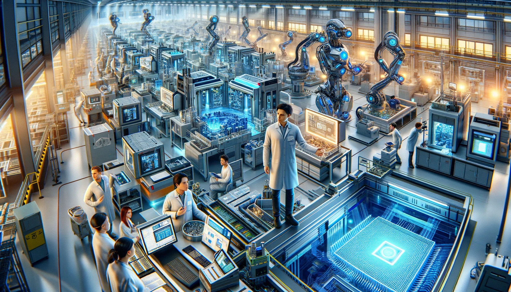 DALL·E 2023-12-22 15.21.19 - A highly detailed and futuristic image portraying the theme The Future of Chip Manufacturing in 2024_ Innovations and Challenges. The scene depicts 