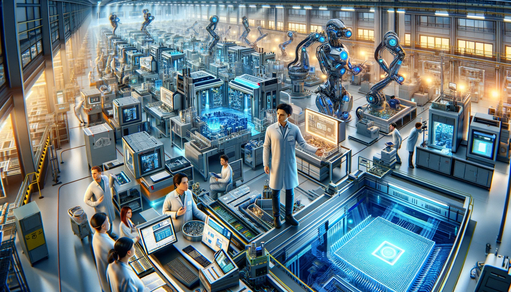 DALL·E 2023-12-22 15.21.19 - A highly detailed and futuristic image portraying the theme The Future of Chip Manufacturing in 2024_ Innovations and Challenges. The scene depicts