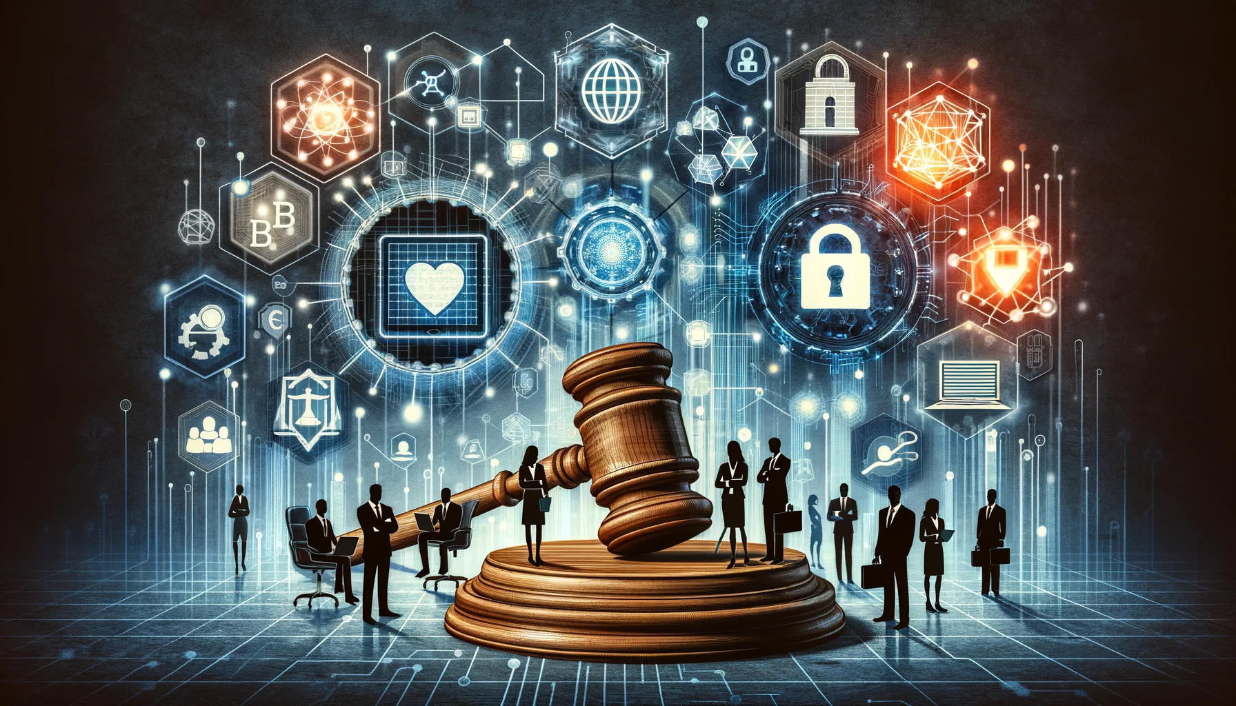 DALL·E 2024-01-03 10.15.21 - An abstract representation of the future of law firms, showcasing elements like artificial intelligence, blockchain, digital data security, diversity