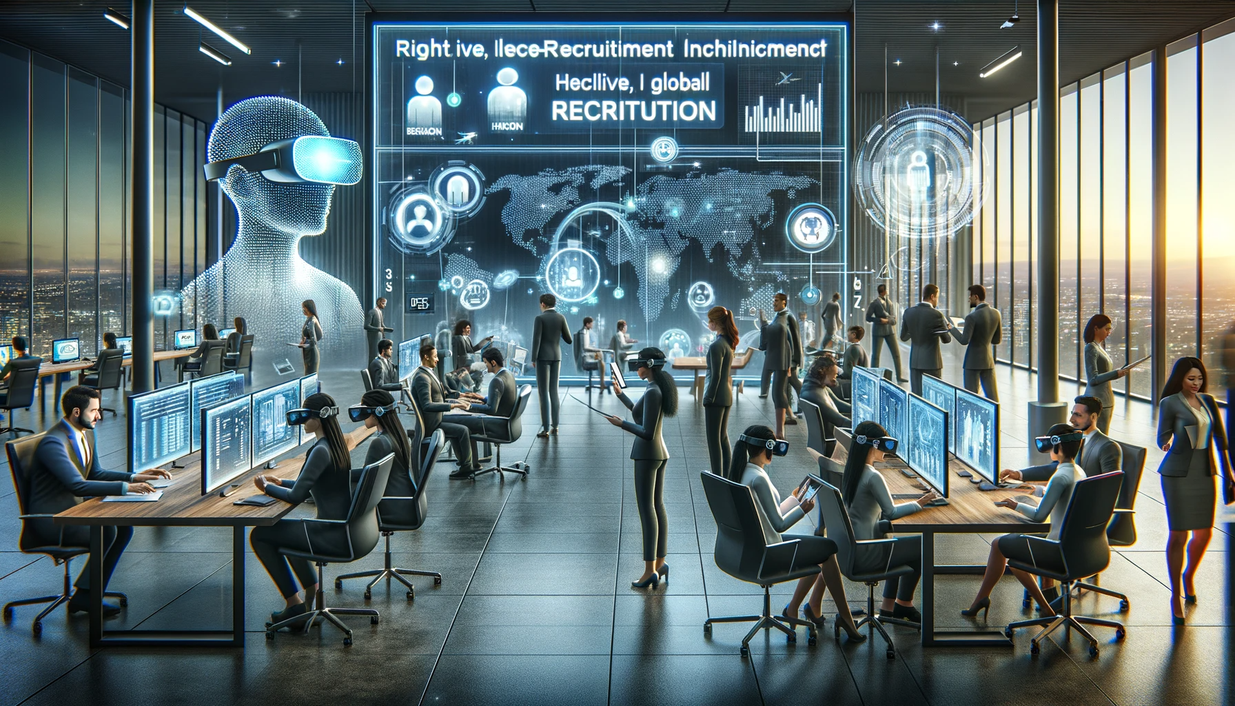 DALL·E 2024-01-03 11.24.34 - A futuristic office scene depicting the recruitment business in 2035. The office is equipped with advanced technology, including AI-driven computers a