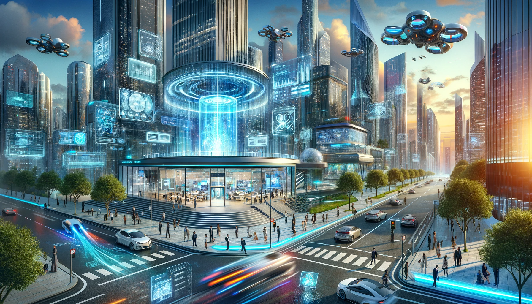 DALL·E 2024-01-20 18.57.40 - An imaginative and futuristic cityscape, showcasing a world in 2050 with advanced technology and architecture. The scene includes a sleek, digital ban