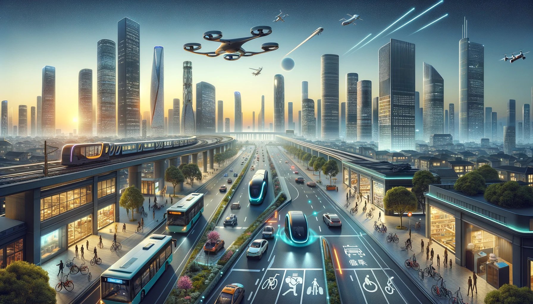 DALLΒ·E 2024-03-20 10.18.17 - Illustrate a wide-angle view of a futuristic cityscape with a variety of public transportation modes prominently featured_ electric buses and bikes on