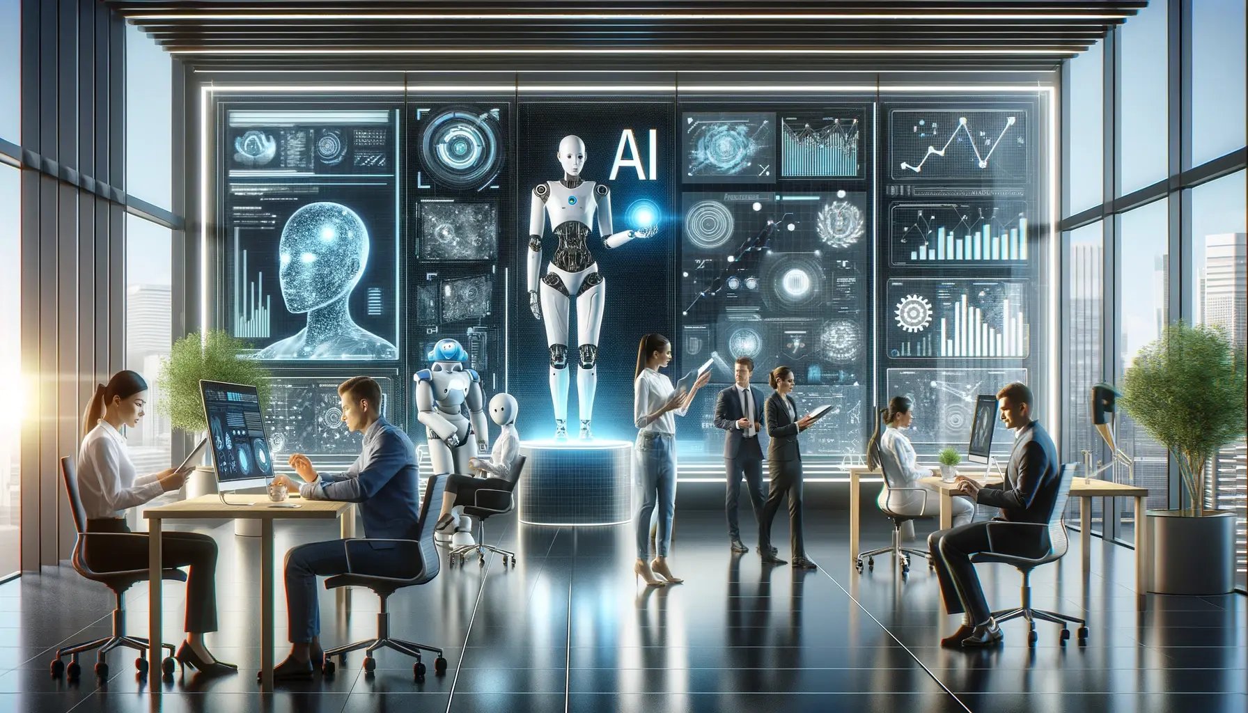 DALL·E 2024-05-06 17.00.29 - A modern and dynamic office environment showcasing AI-driven technologies. The scene includes a diverse group of professionals interacting with advanc