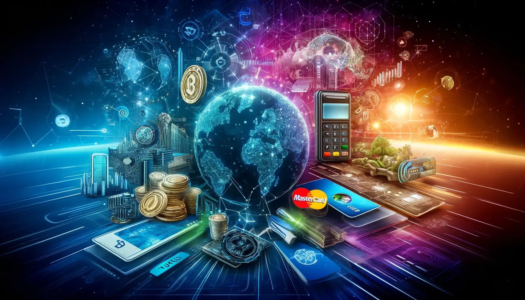 DALL·E 2024-05-28 09.52.10 - A dynamic, futuristic illustration depicting the evolution of the payment industry. The central theme should include digital payments, blockchain tech