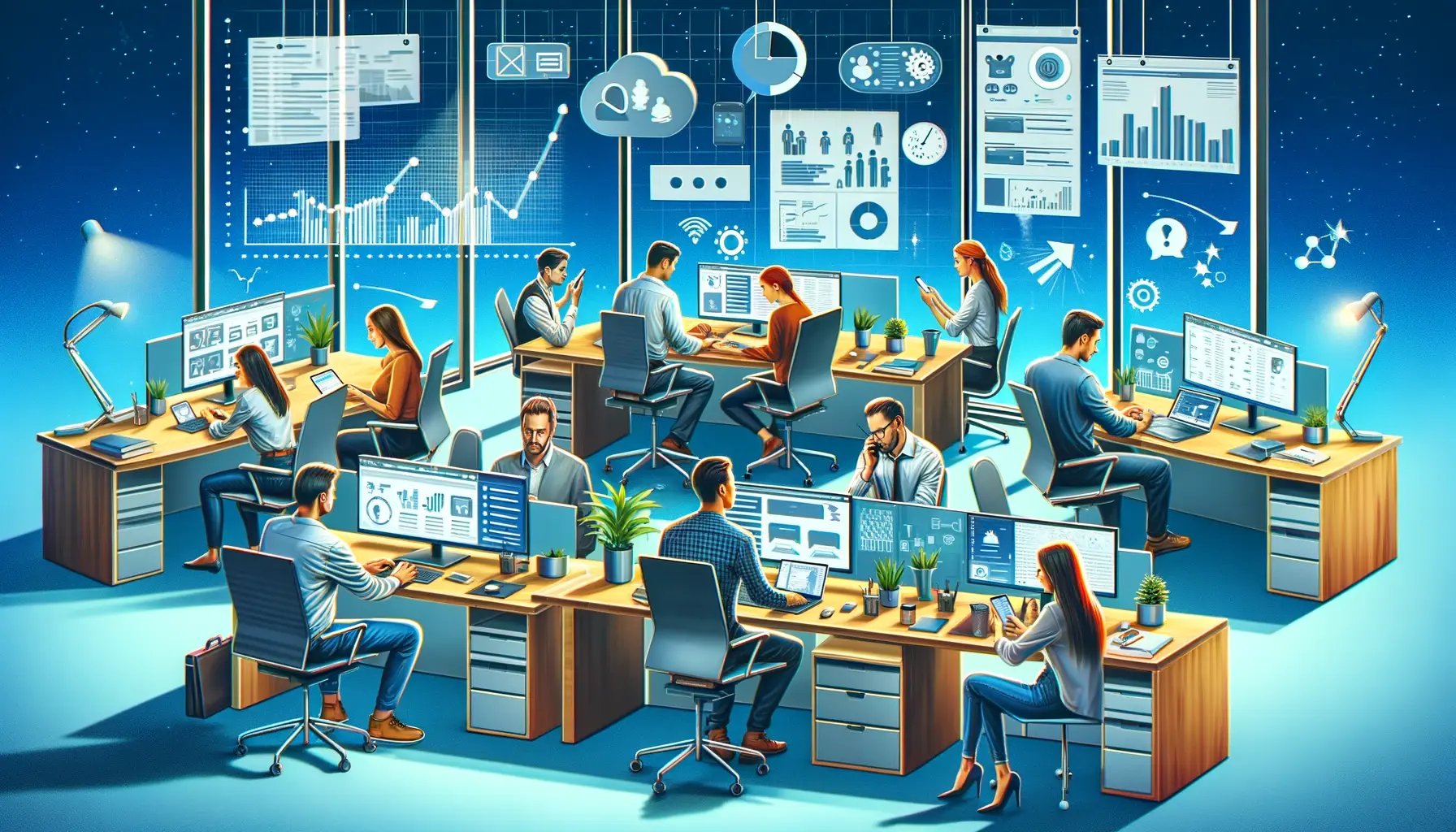 DALL·E 2024-06-11 16.40.50 - A modern office setting with a mix of traditional desks and remote workstations. Employees are depicted using laptops, smartphones, and video conferen