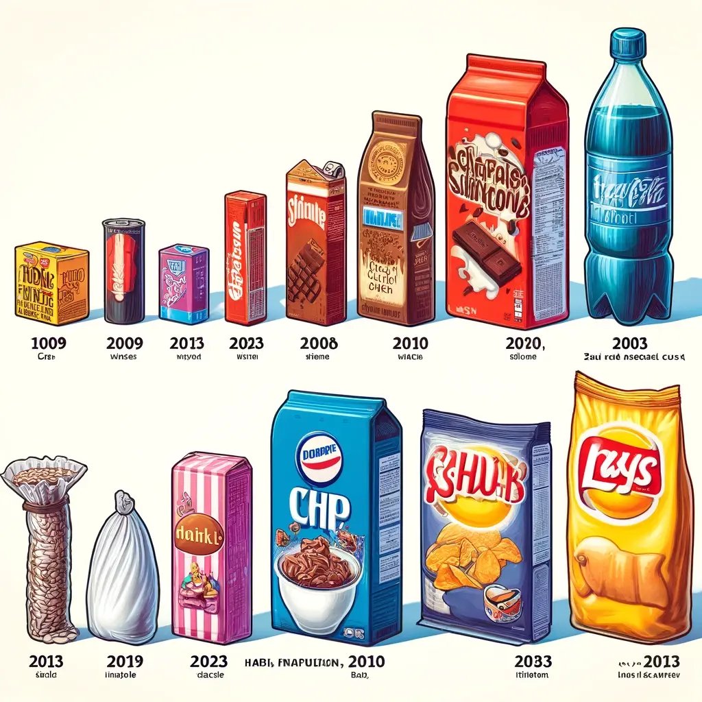 DALL·E 2024-06-12 14.33.37 - A detailed illustration showing the concept of shrinkflation. Depict a series of grocery products such as a chocolate bar, cereal box, coffee package,