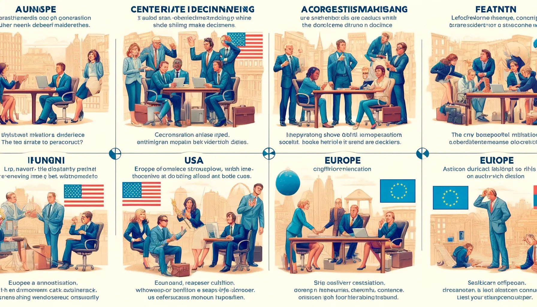 DALL·E 2024-06-12 15.20.32 - An image illustrating the key differences between European and American business cultures. The image should be divided into four quadrants, each repre