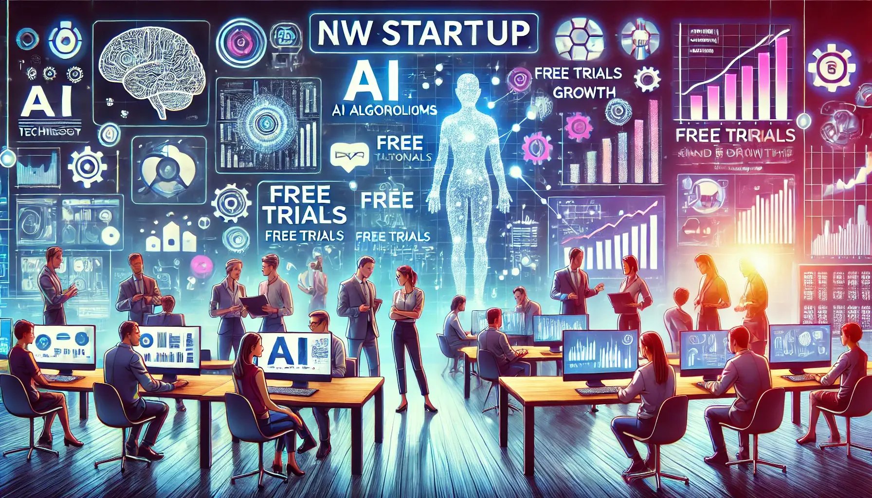 DALL·E 2024-07-02 19.33.09 - A dynamic and modern illustration showing a startup office focused on AI technology. The scene includes a diverse team of professionals working on AI-