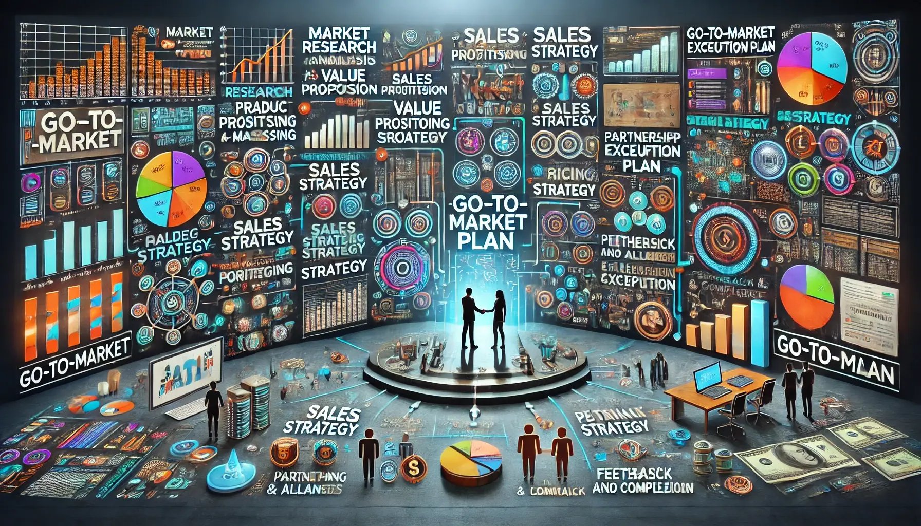 DALL·E 2024-07-02 19.47.31 - An impressive and even wider image illustrating the key elements of a go-to-market plan for a Tech AI company. The image is divided into sections, eac