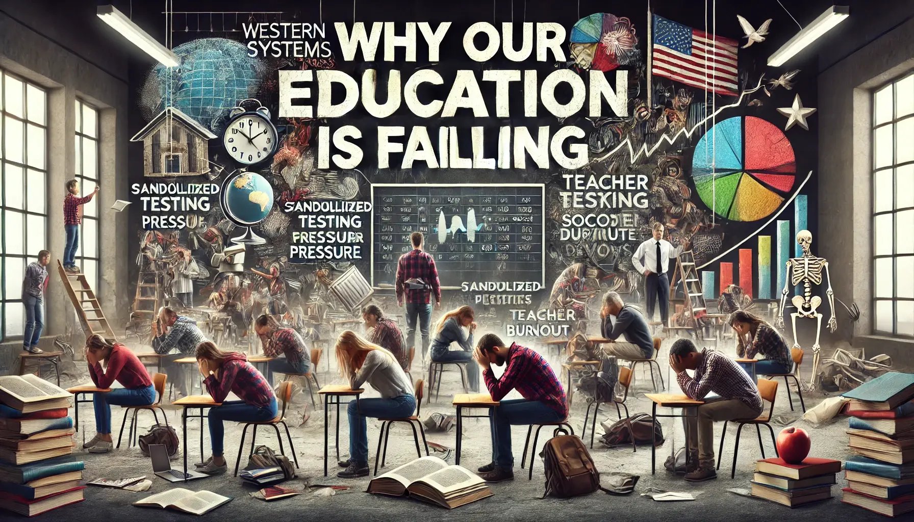 DALL·E 2024-07-02 20.34.04 - A wide, striking image highlighting the challenges and decline of Western education systems, with the text Why Our Education is Failing prominently