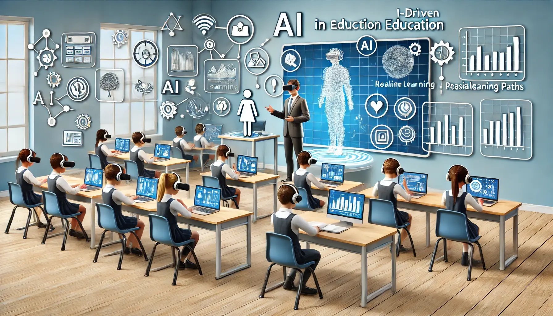 DALL·E 2024-07-03 09.52.30 - An image showing the impact of AI in education. The scene includes a modern classroom with students using various AI-driven tools such as virtual real