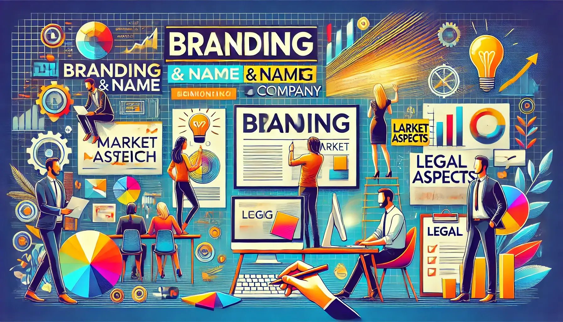 DALL·E 2024-07-03 12.08.38 - A vibrant and modern image depicting the process of branding and naming a company. The image should include elements such as a diverse team brainstorm