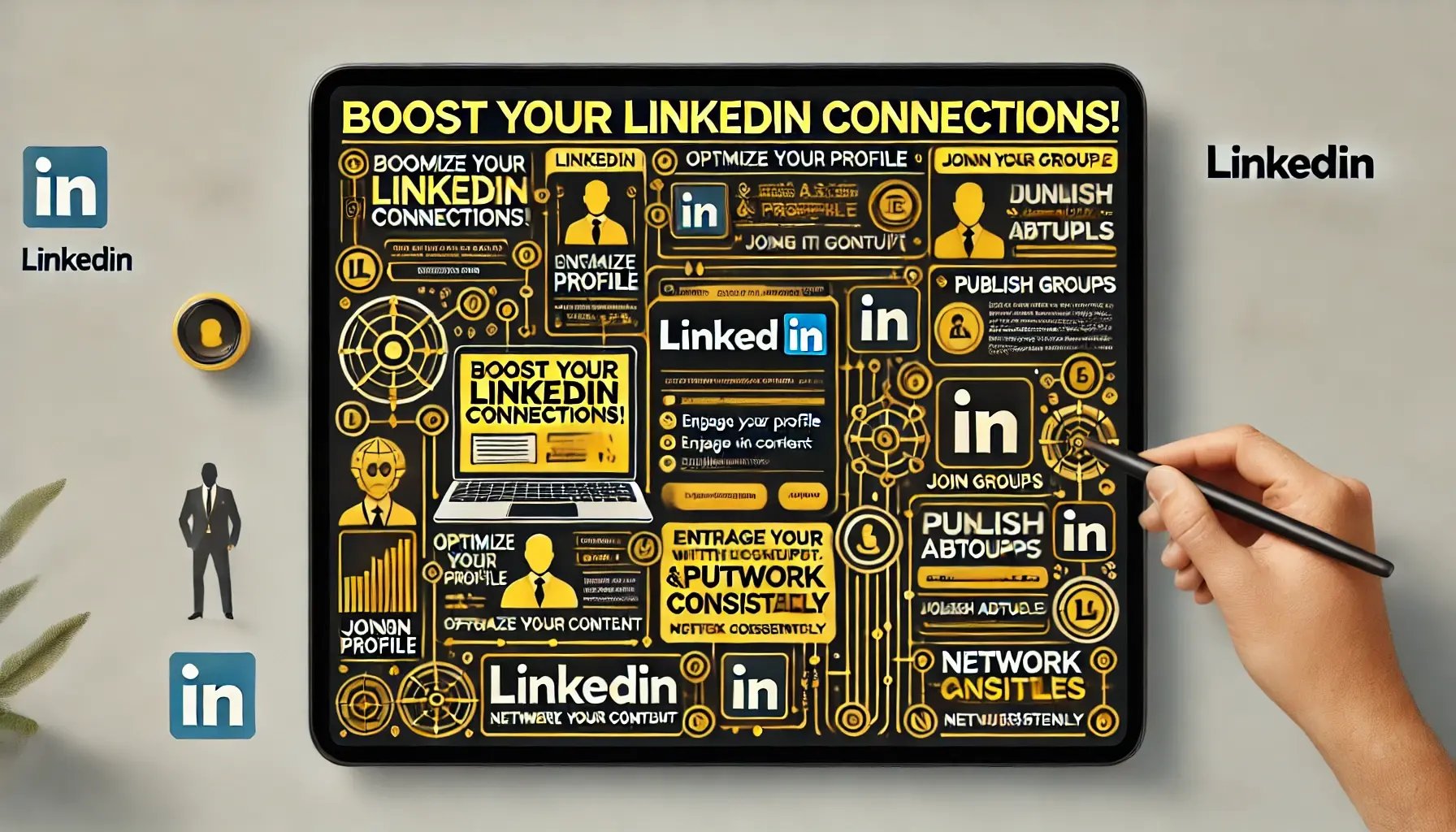DALL·E 2024-07-03 14.50.52 - A professional and visually appealing wide image to promote increasing LinkedIn connections. The image should have a yellow and black color scheme, al