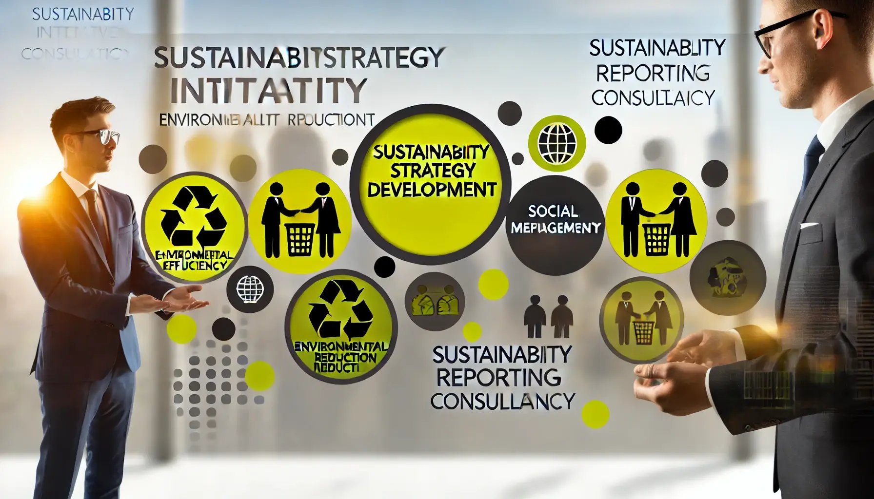 DALL·E 2024-07-06 16.17.21 - A wide image in a professional style themed around sustainability initiatives consultancy. The image should include elements such as business professi