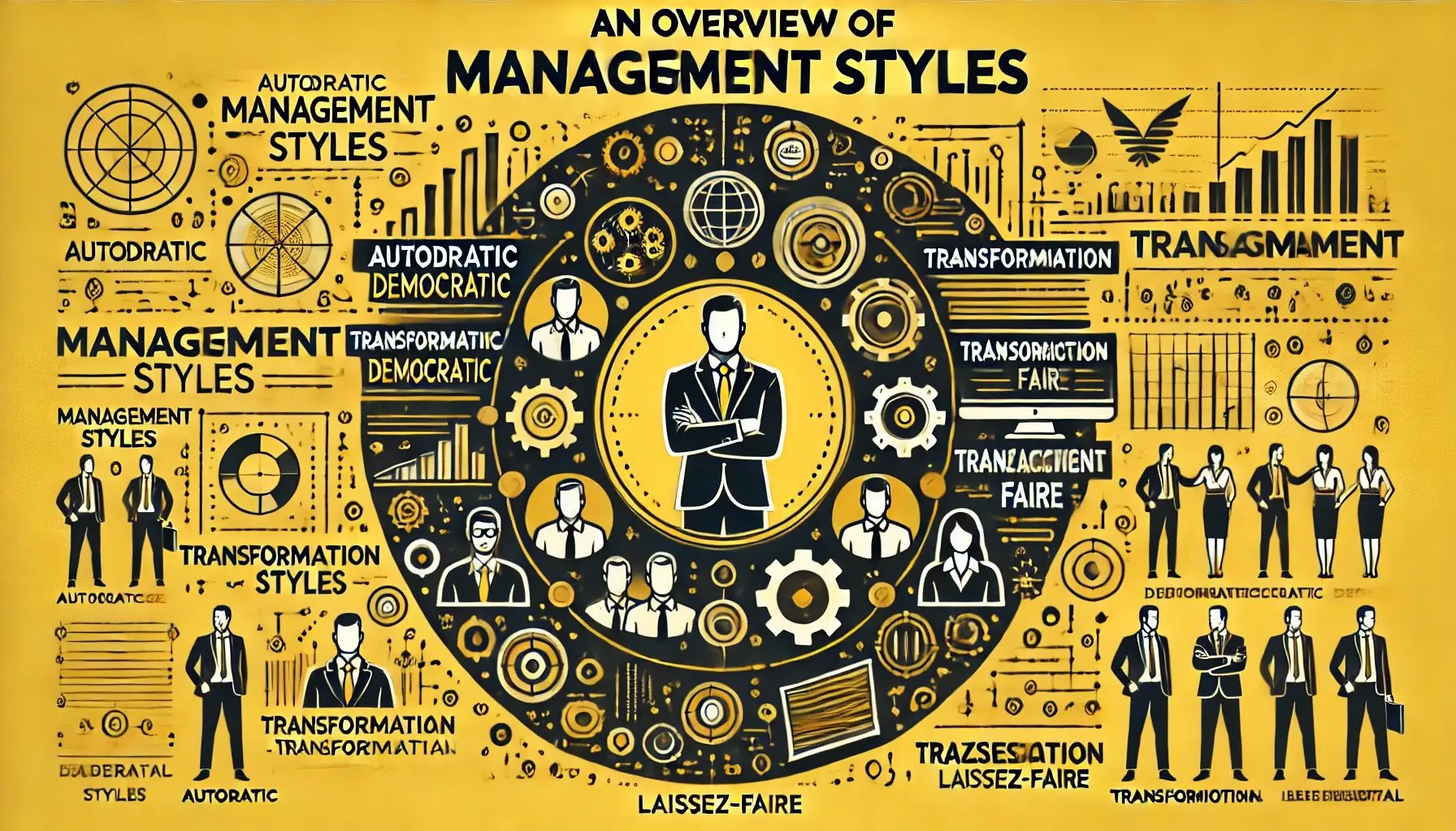 DALL·E 2024-07-06 17.10.59 - A wide professional image in yellow and black themed around An Overview of Management Styles. The image should include elements representing various