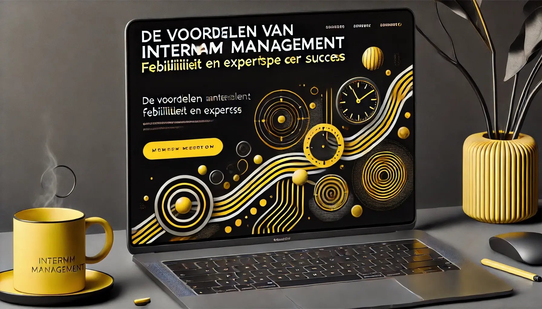 DALL·E 2024-07-11 15.51.27 - A website banner for De Voordelen van Interim Management_ Flexibiliteit en Expertise voor Succes in yellow and black. The banner should feature the
