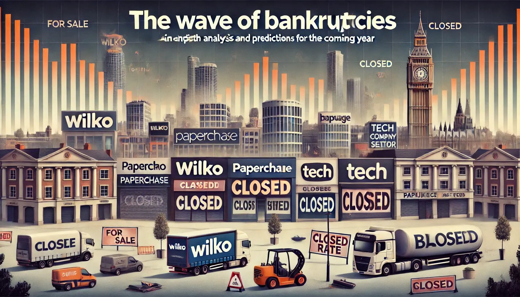 DALL·E 2024-07-14 23.58.03 - An image illustrating The Wave of Bankruptcies in the UK_ An In-Depth Analysis and Predictions for the Coming Year. The foreground shows a variety o