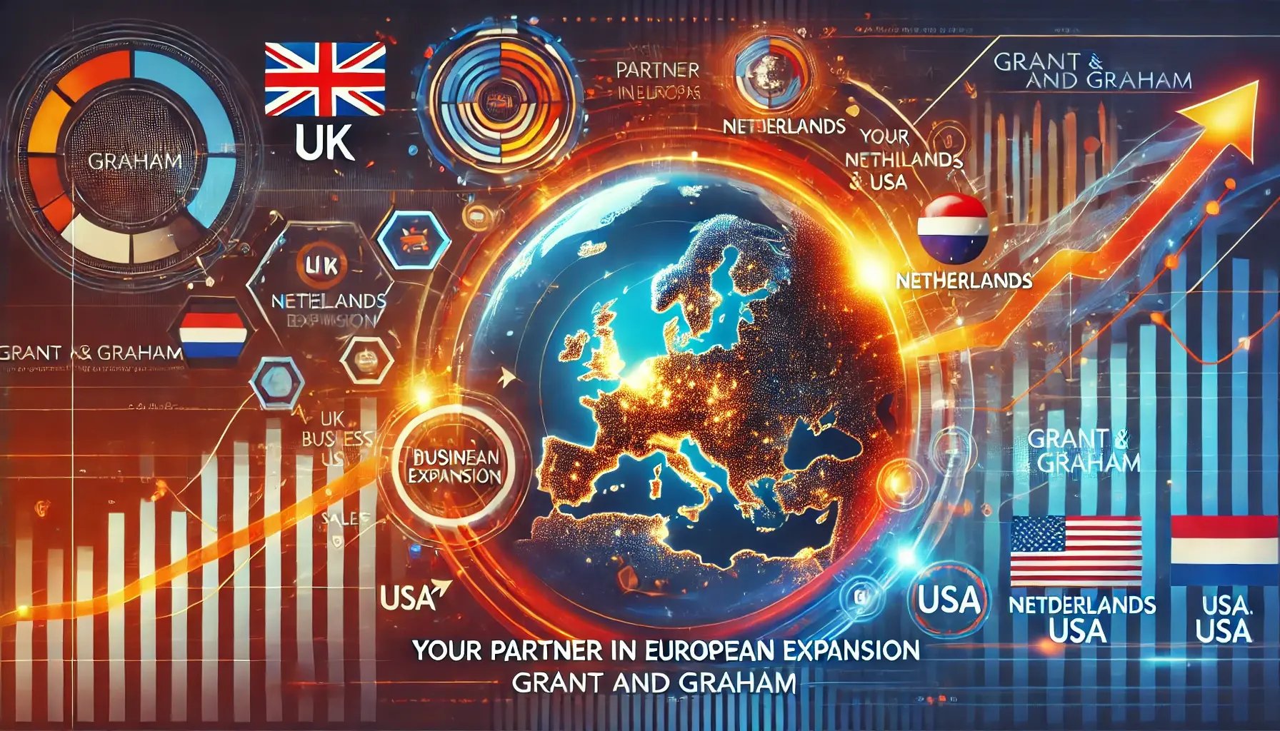 DALL·E 2024-07-16 15.22.49 - A vibrant, dynamic image illustrating business expansion in Europe with a focus on UK, Netherlands, and USA. The image features a world map highlighti