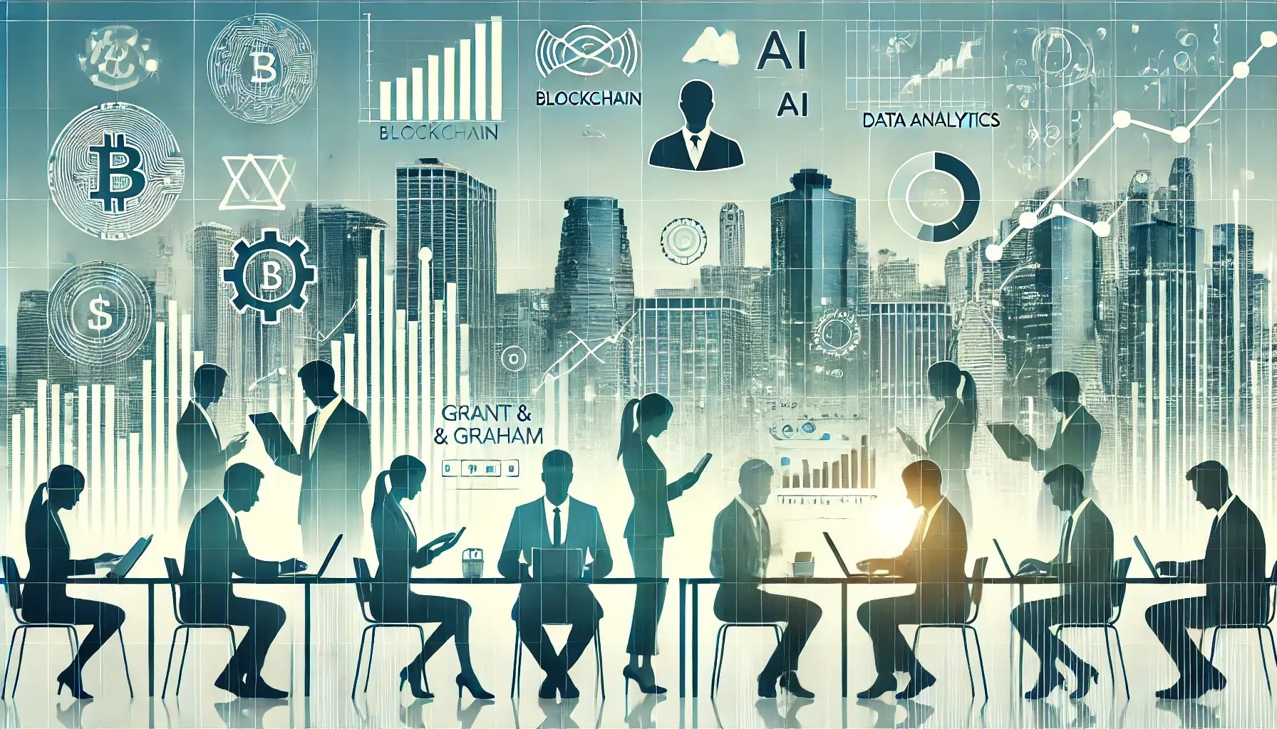 DALL·E 2024-07-17 18.01.27 - A clean and modern image representing Grant and Grahams FinTech consultancy services. The background shows a sleek city skyline with subtle digital f