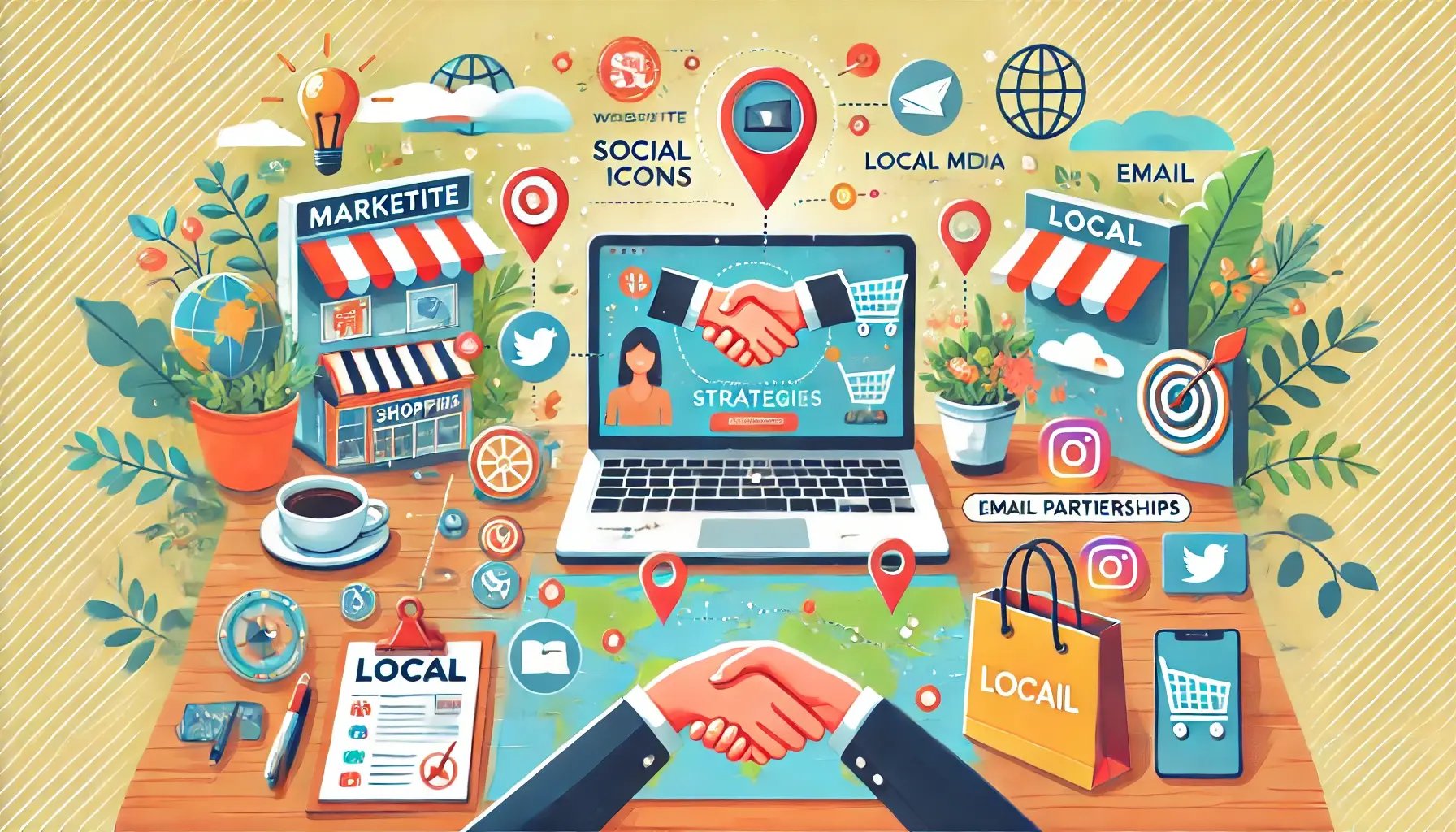 DALL·E 2024-07-18 10.45.17 - A vibrant and engaging image depicting a variety of marketing strategies for small businesses. The image includes elements such as a website on a lapt