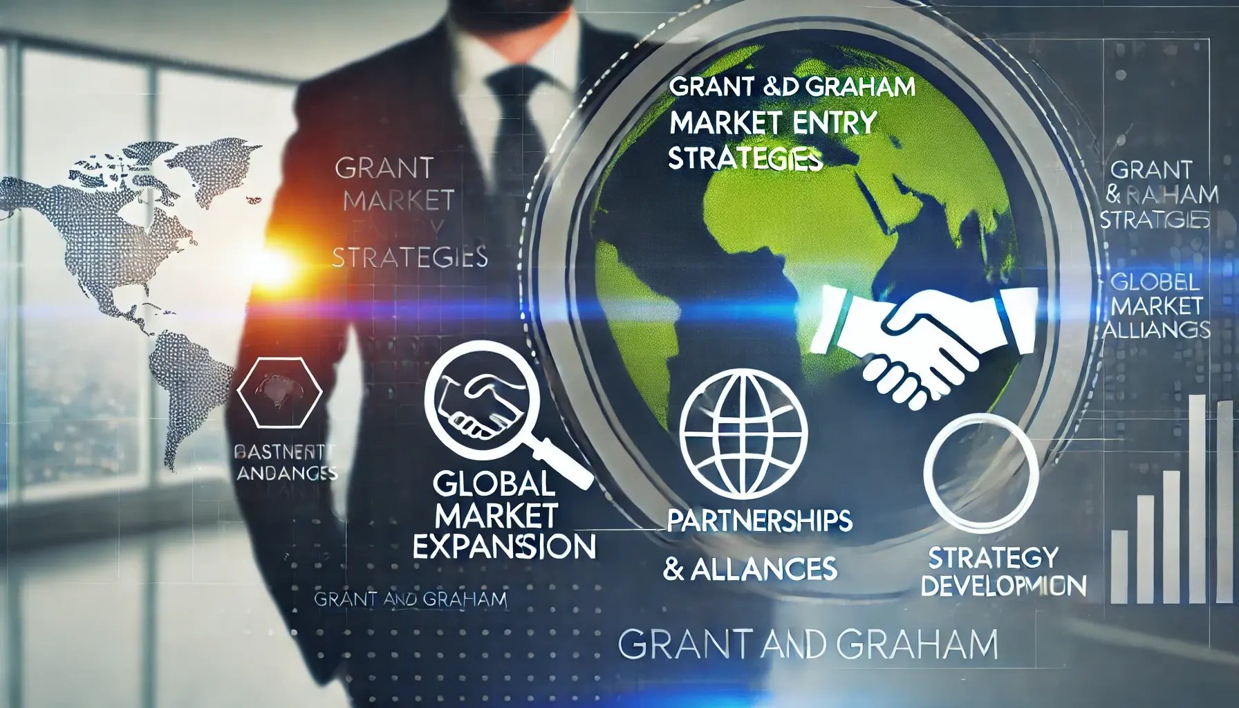 DALL·E 2024-07-19 12.43.06 - A professional and modern image representing Grant and Grahams market entry strategies. The image should include elements such as a globe to represen