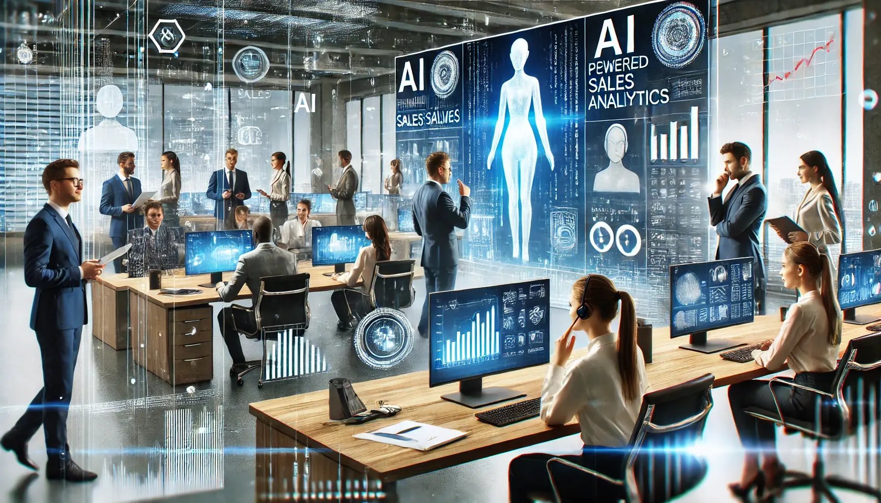 DALL·E 2024-07-22 08.43.00 - A modern office with financial services professionals working at their desks, interacting with advanced AI technology. The scene includes AI-powered s