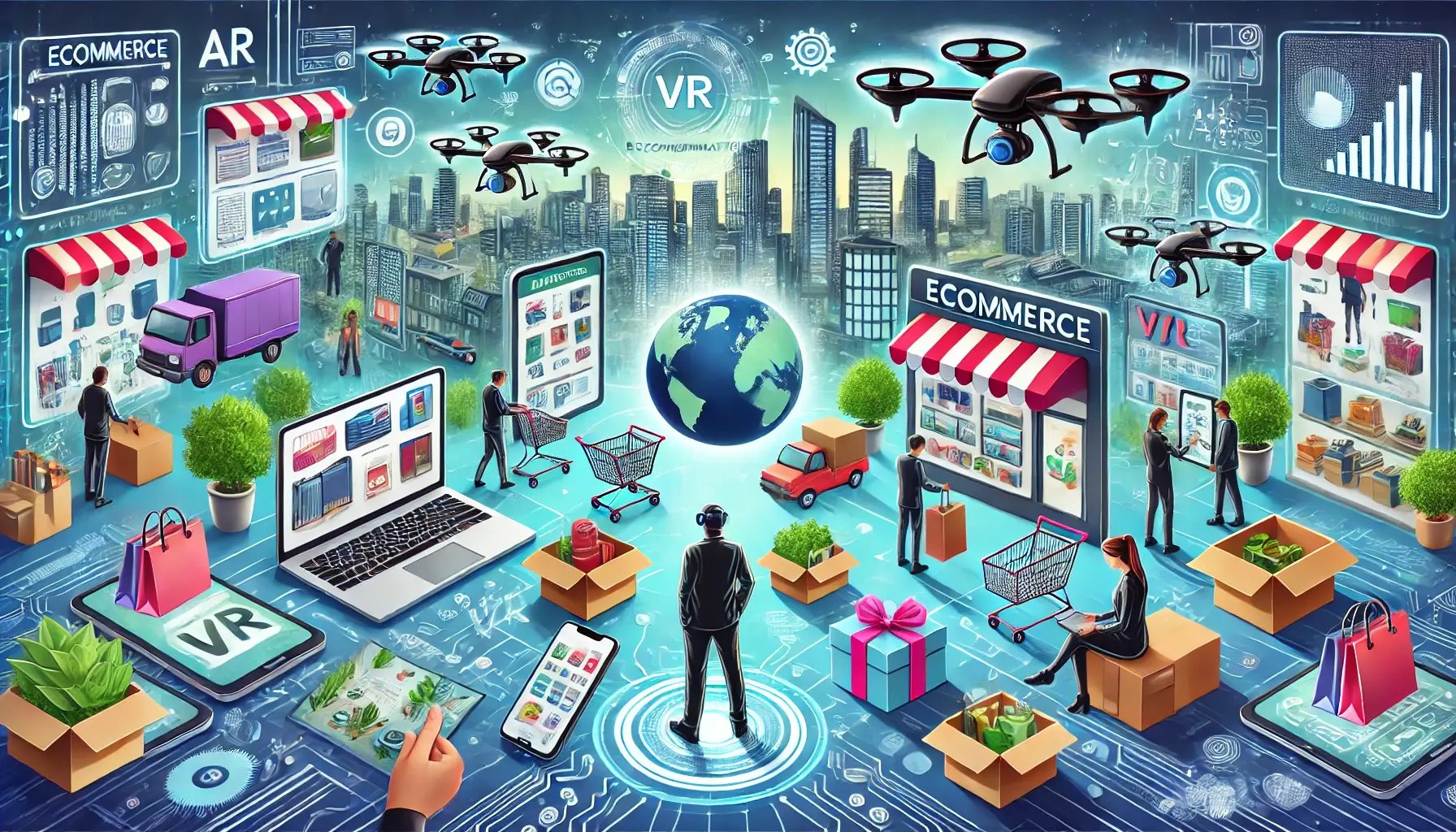 DALL·E 2024-07-23 21.25.48 - A futuristic ecommerce scene featuring a variety of advanced technologies. The image should show customers using AR and VR to try products, drones del
