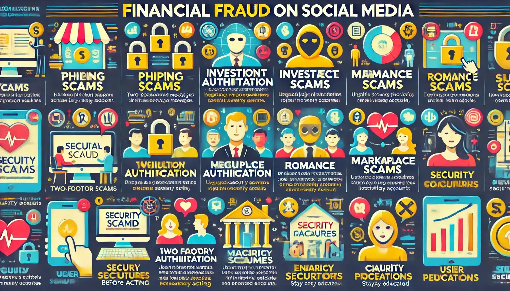 DALL·E 2024-07-23 21.41.22 - A detailed and visually appealing infographic highlighting various types of financial fraud on social media and preventative measures. The infographic