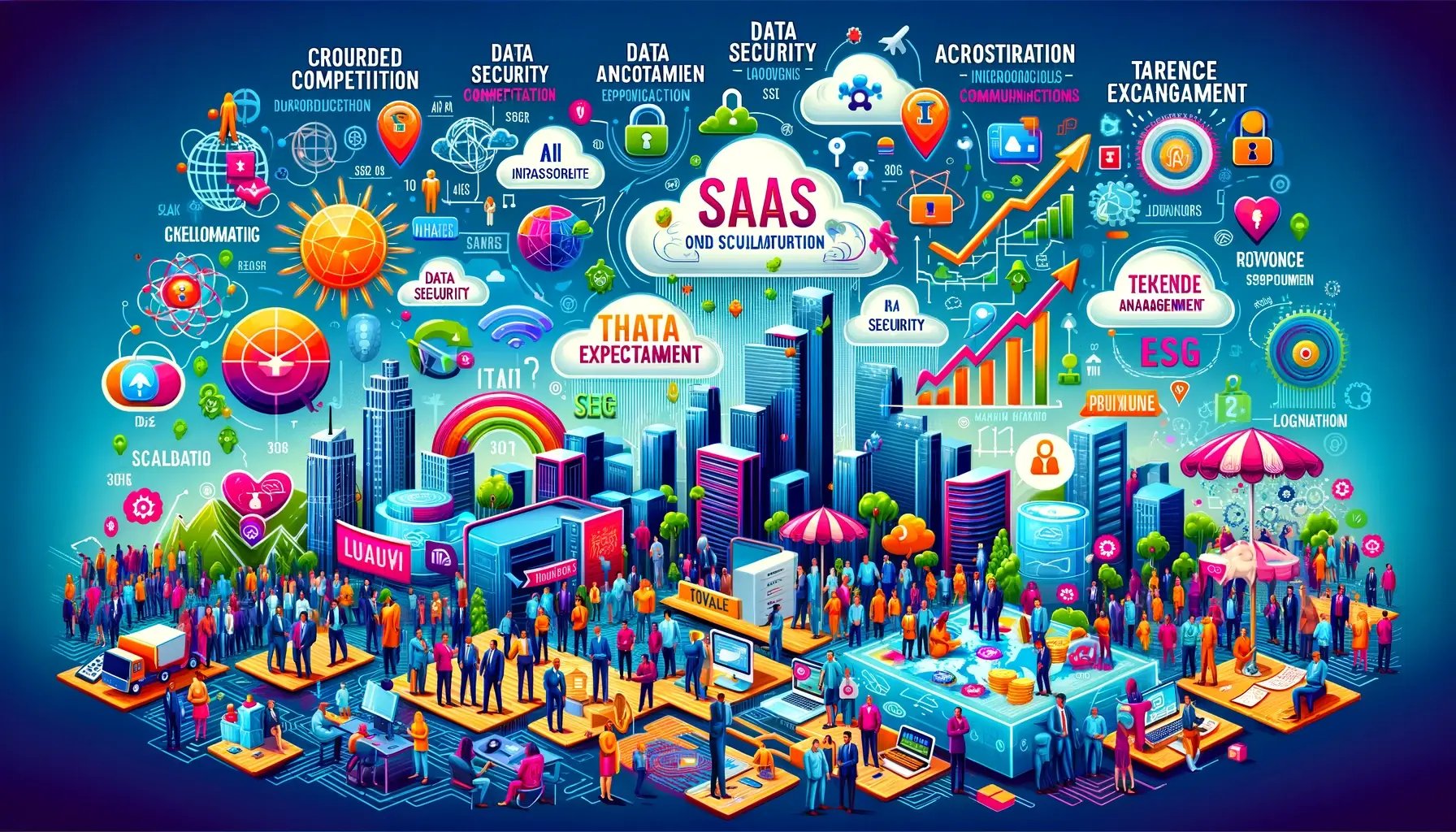 DALL·E 2024-07-24 10.56.54 - A vibrant, dynamic scene depicting the challenges faced by SaaS companies. The image should include various elements such as crowded market competitio