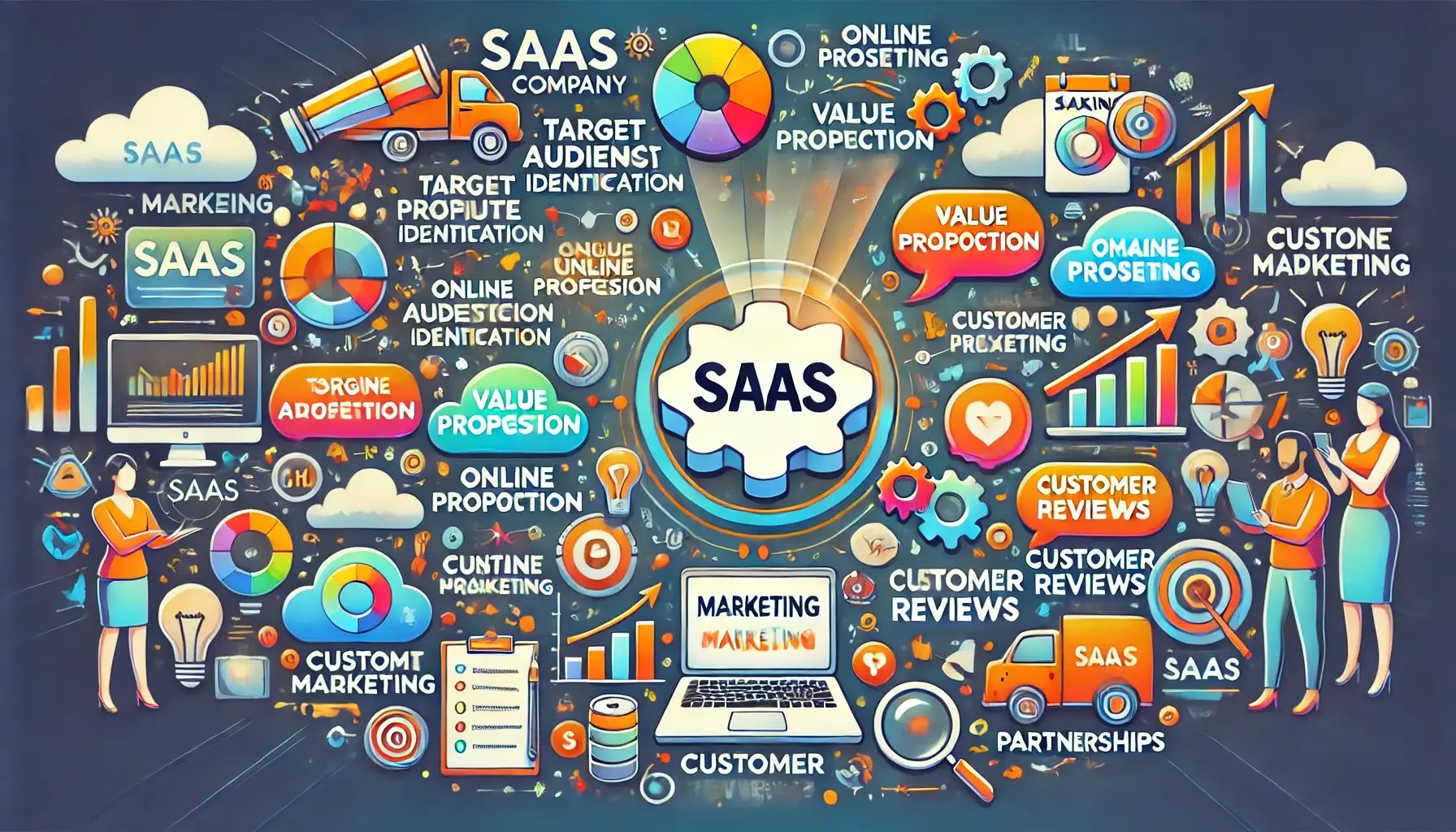DALL·E 2024-07-24 11.27.19 - An engaging and vibrant image illustrating the essential steps for marketing a SaaS company. The image includes icons and elements representing key st