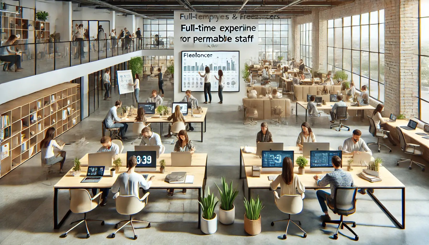 DALL·E 2024-07-26 23.03.51 - A modern office environment where full-time employees and freelancers are working together in harmony. The office has a mix of open spaces, collaborat