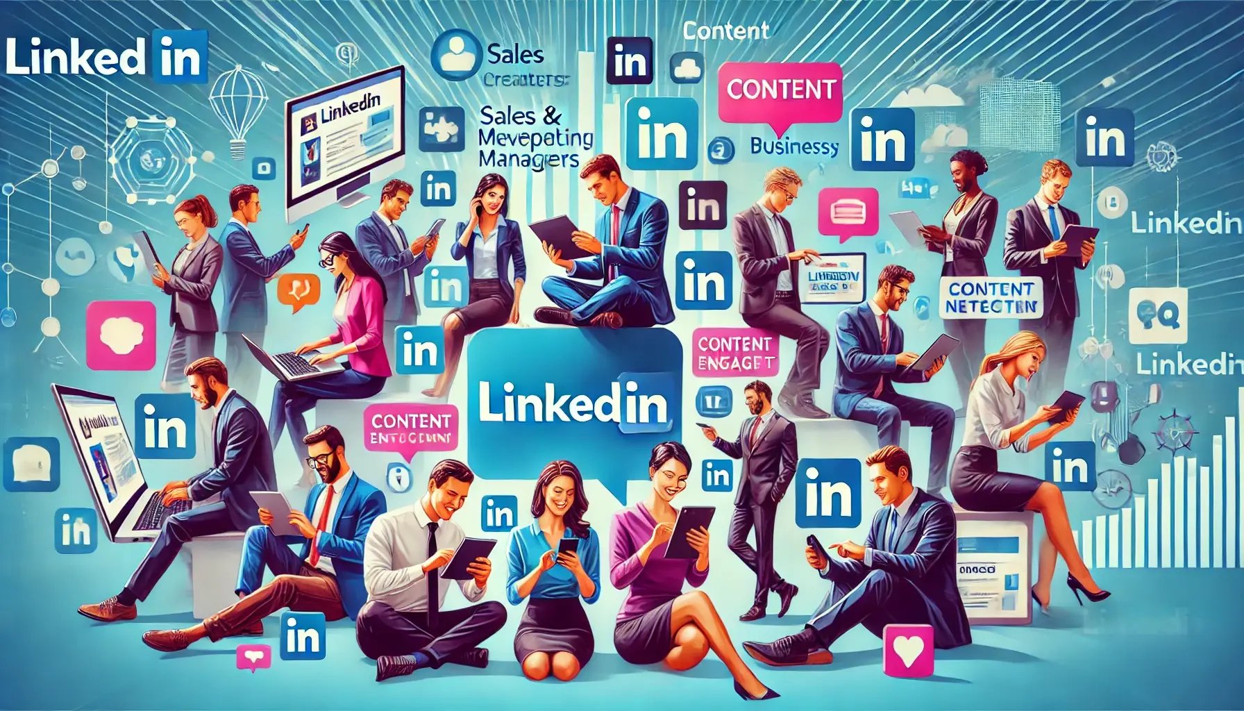 DALL·E 2024-07-30 14.36.41 - A vibrant and engaging image showing professionals from various fields engaging with LinkedIn on their devices. The background can include elements li