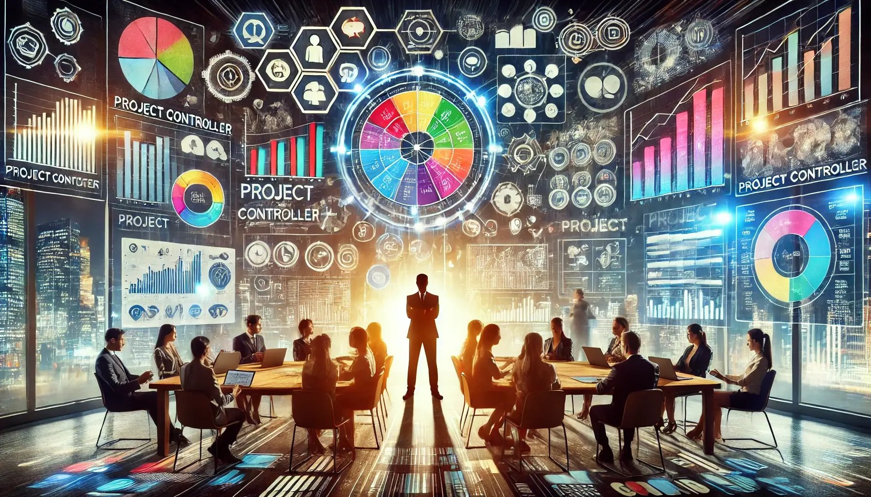 DALL·E 2024-08-13 12.37.56 - A wide and visually engaging image illustrating the role of a Project Controller in a dynamic professional office environment. The Project Controller