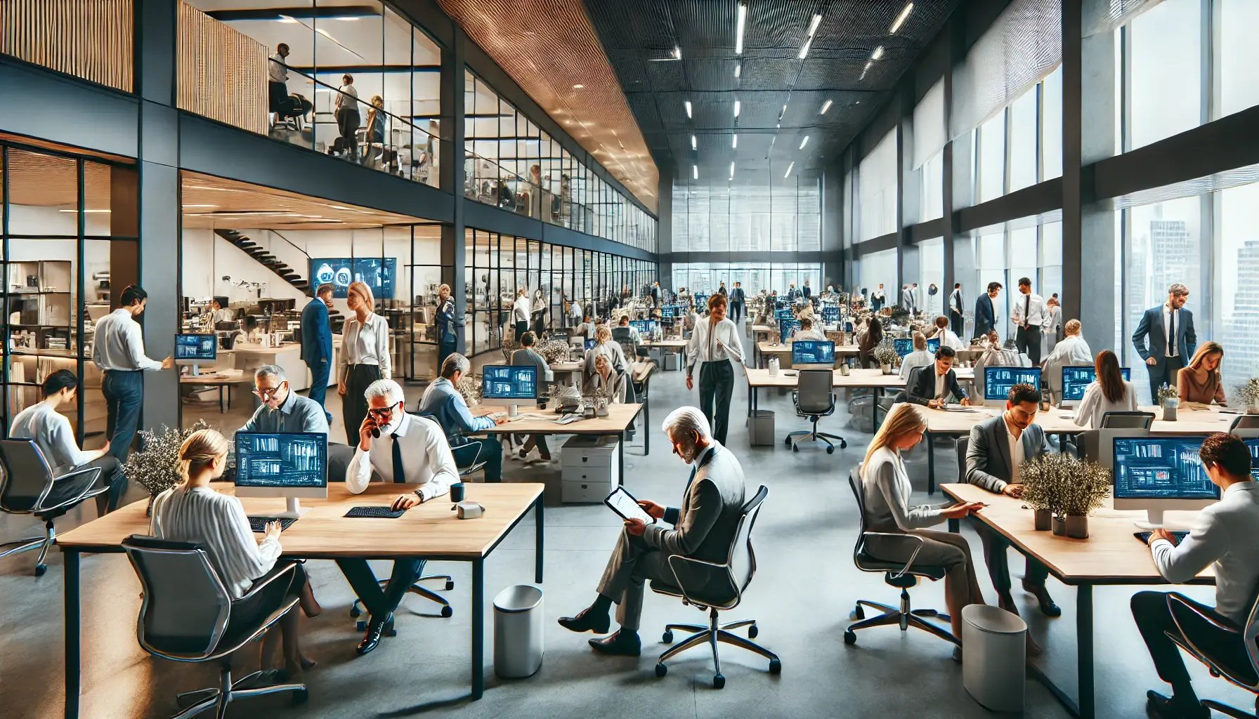 DALL·E 2024-08-15 15.50.54 - A wide, modern office environment with employees from different generations working together. The scene features older employees from the Silent Gener
