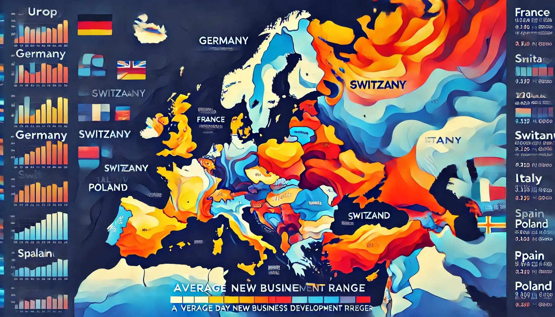 DALL·E 2024-08-15 16.07.41 - A visually striking wide map of Europe with bold colors and dynamic design, highlighting different countries with varying shades to represent the aver