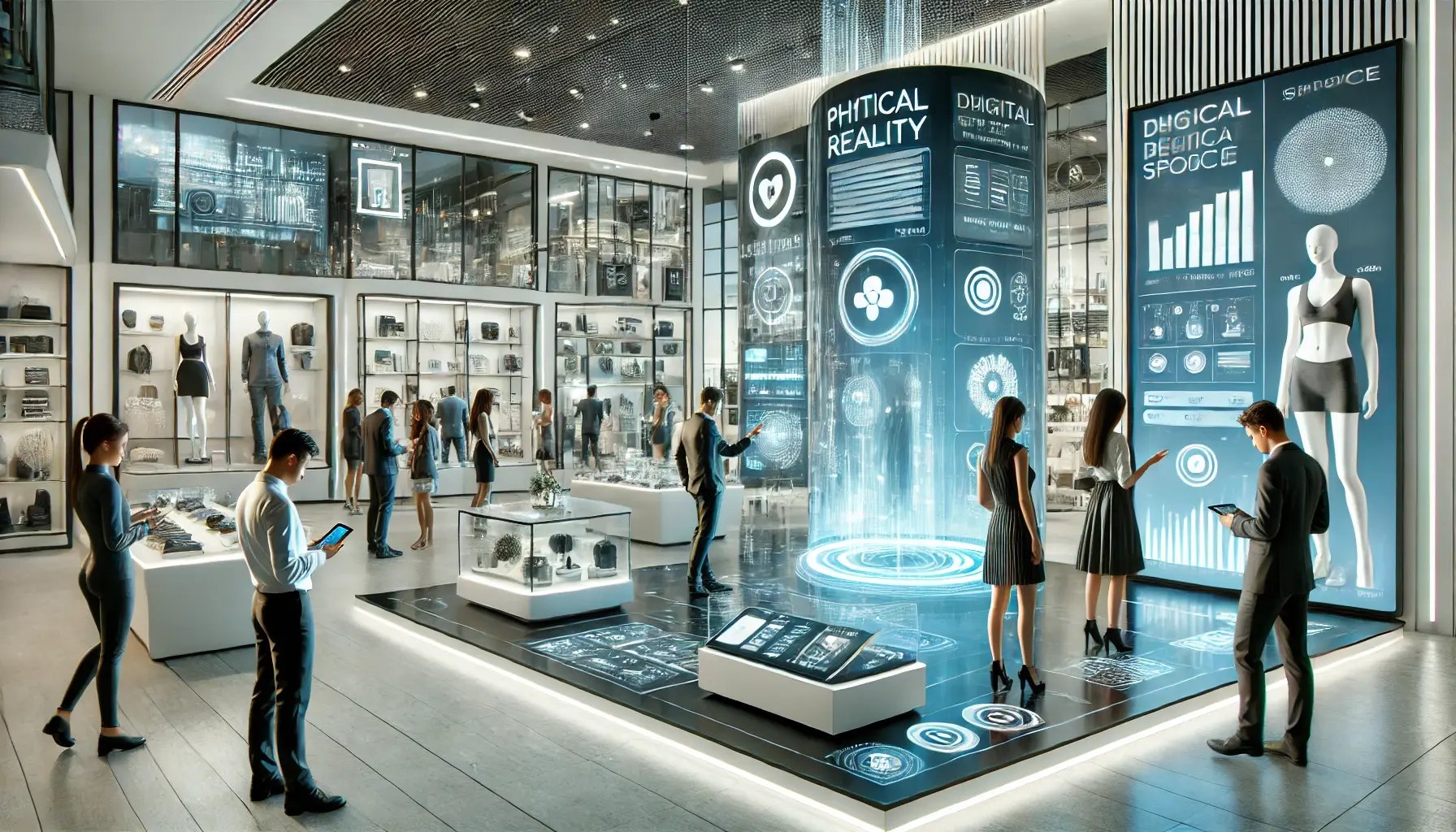 DALL·E 2024-08-15 17.01.19 - A futuristic retail environment showcasing a seamless integration of digital and physical spaces. The scene features a modern store with augmented rea