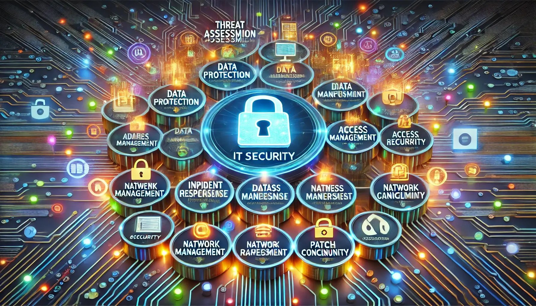 DALL·E 2024-08-23 18.03.46 - A wide image representing comprehensive IT security for businesses, featuring a layered structure with key components such as threat assessment, data