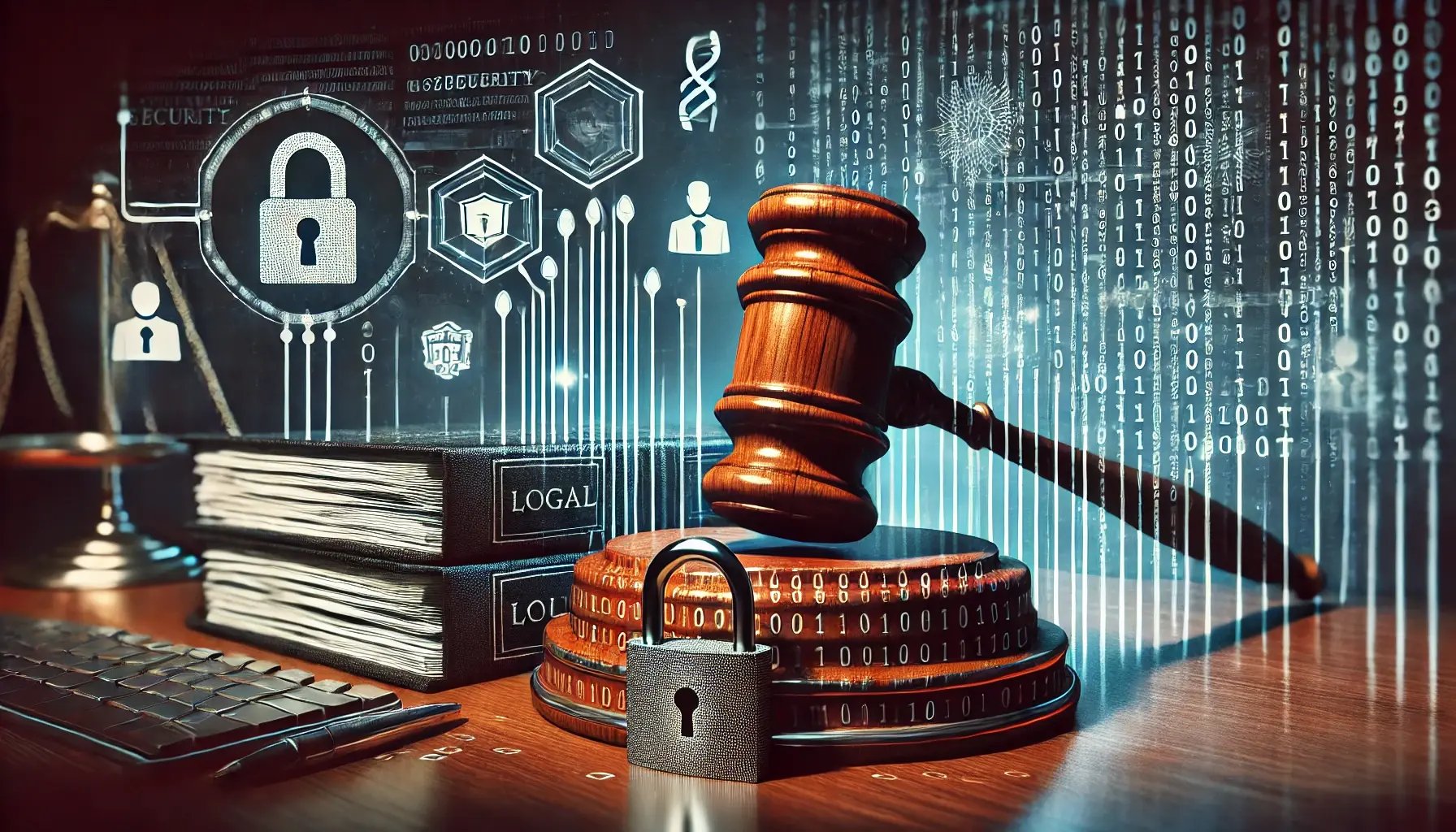 DALL·E 2024-09-14 17.33.08 - A wide conceptual digital artwork representing cybersecurity in a legal environment. The image features a wooden judges gavel resting on top of a sta
