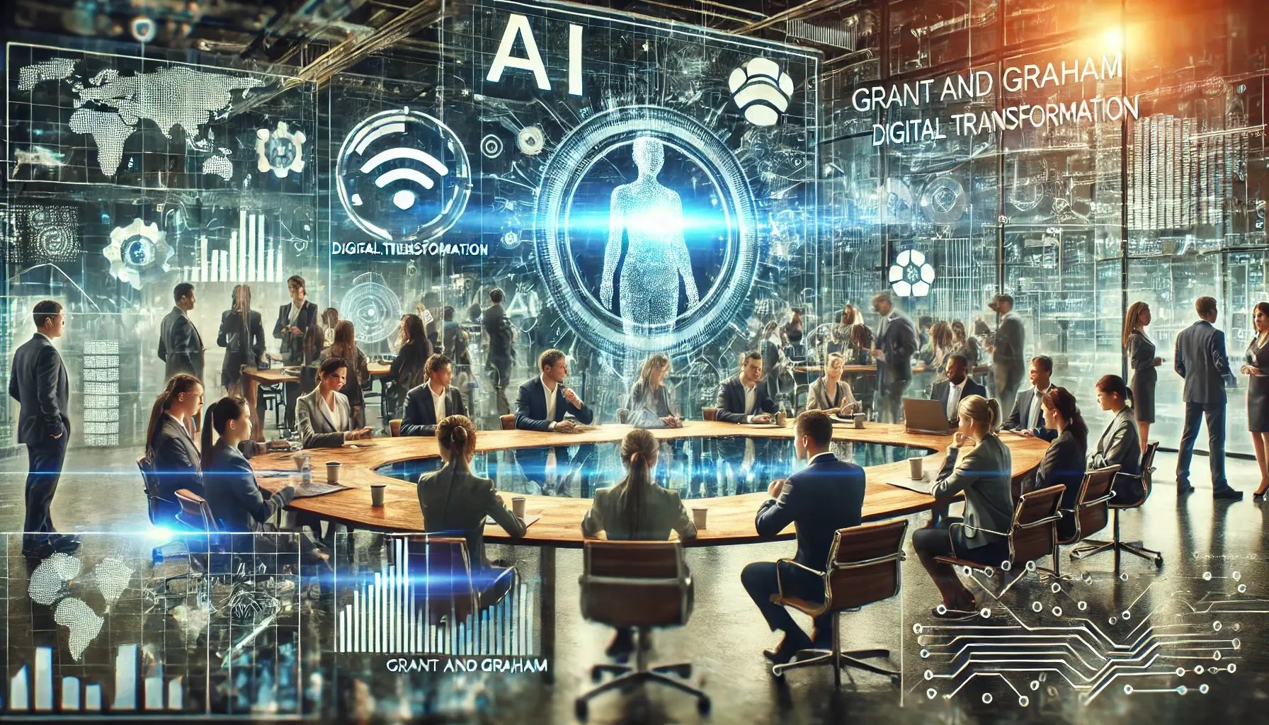 DALL·E 2025-01-16 15.39.22 - A wide image depicting the future of business with elements of artificial intelligence, digital transformation, and sustainability. The scene includes