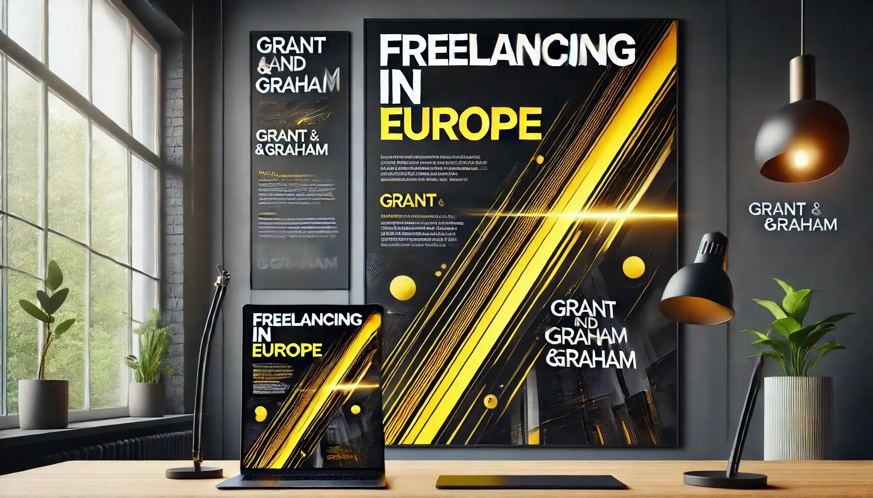 DALL·E 2025-01-16 17.14.46 - A wide, professional image in black and yellow, prominently featuring the words Grant and Graham and the phrase Freelancing in Europe in bold, sle