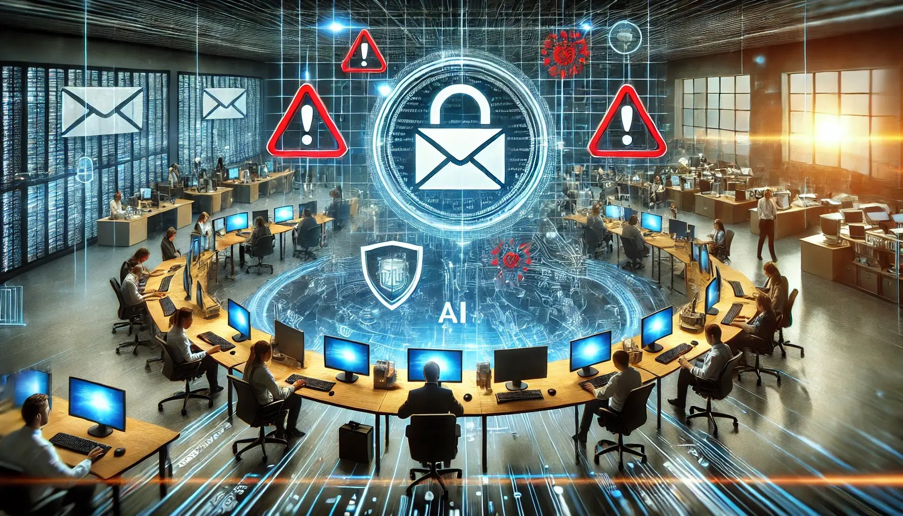 DALL·E 2025-01-19 11.33.15 - A visually engaging illustration representing phishing detection and prevention in a corporate setting. The image features a medium-sized office envir
