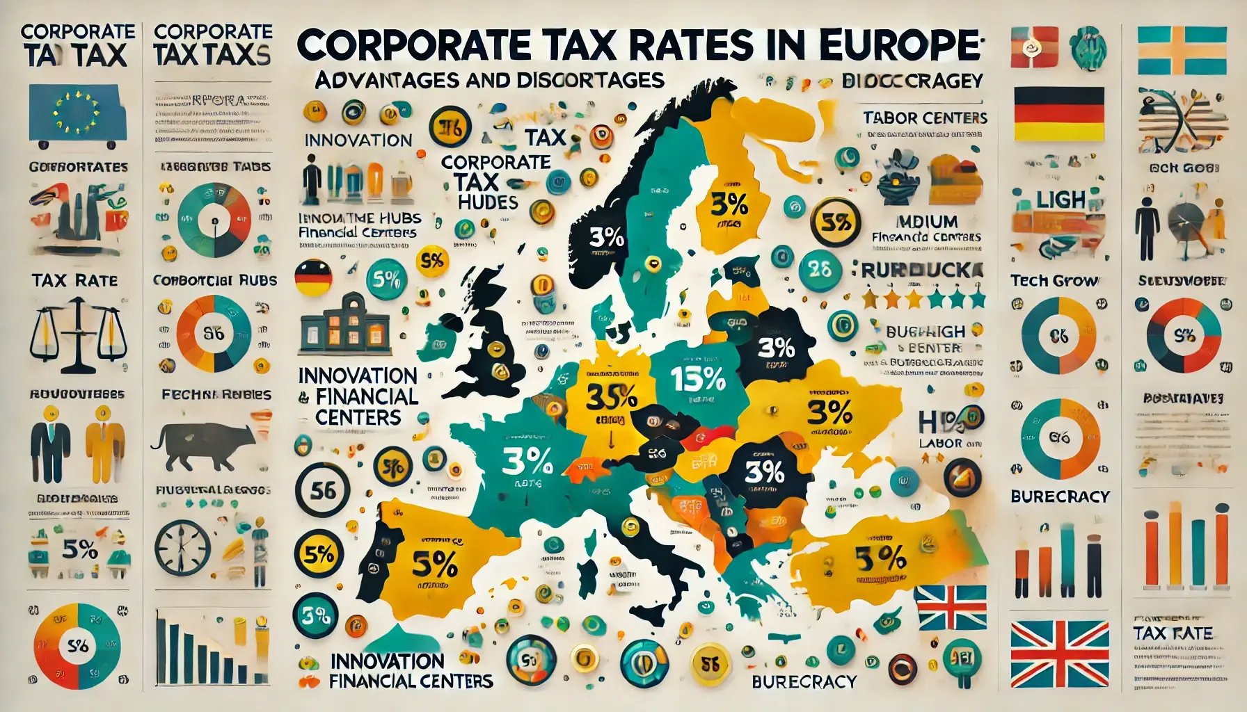 DALL·E 2025-01-20 15.58.41 - A visually appealing infographic-style image representing corporate tax rates across Europe. The map of Europe is highlighted, with each country color