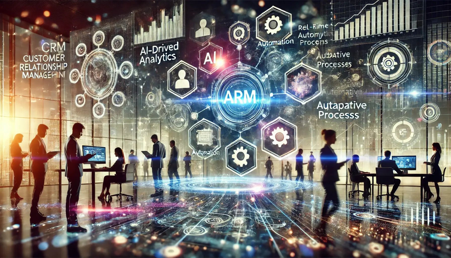 DALL·E 2025-01-22 10.33.44 - A futuristic concept image showcasing the evolution of CRM systems. The scene features a digital interface with AI-driven analytics, automation proces