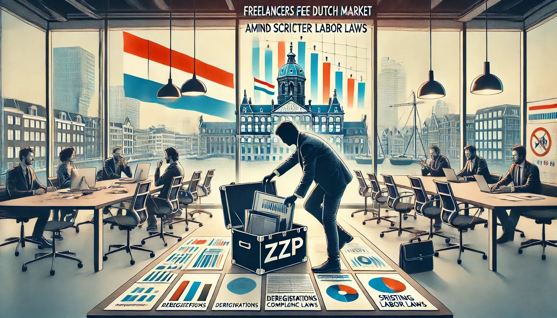 DALL·E 2025-01-28 16.53.54 - A wide-format illustration showing a modern Dutch office environment with a freelancer packing up their desk, symbolizing the decline of self-employme