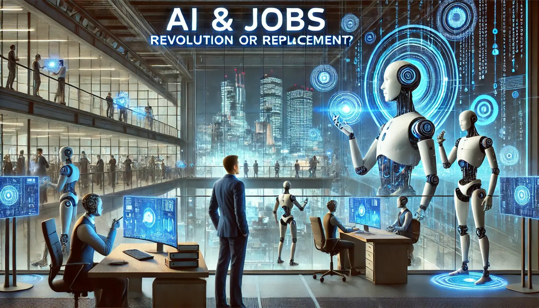 DALL·E 2025-01-29 13.37.47 - A wide futuristic office environment where humans and AI-powered robots collaborate seamlessly. A human professional is seen working on a holographic