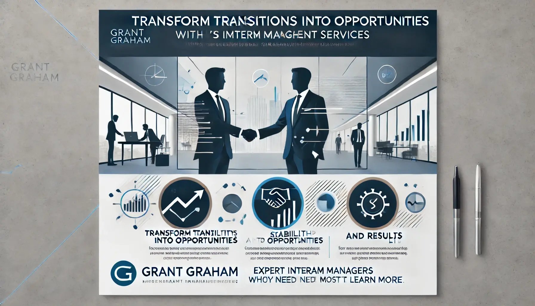DALL·E 2025-01-30 18.20.46 - A professional and modern image designed to promote Grant Grahams Interim Management services. The layout is clean and corporate, with a color palett