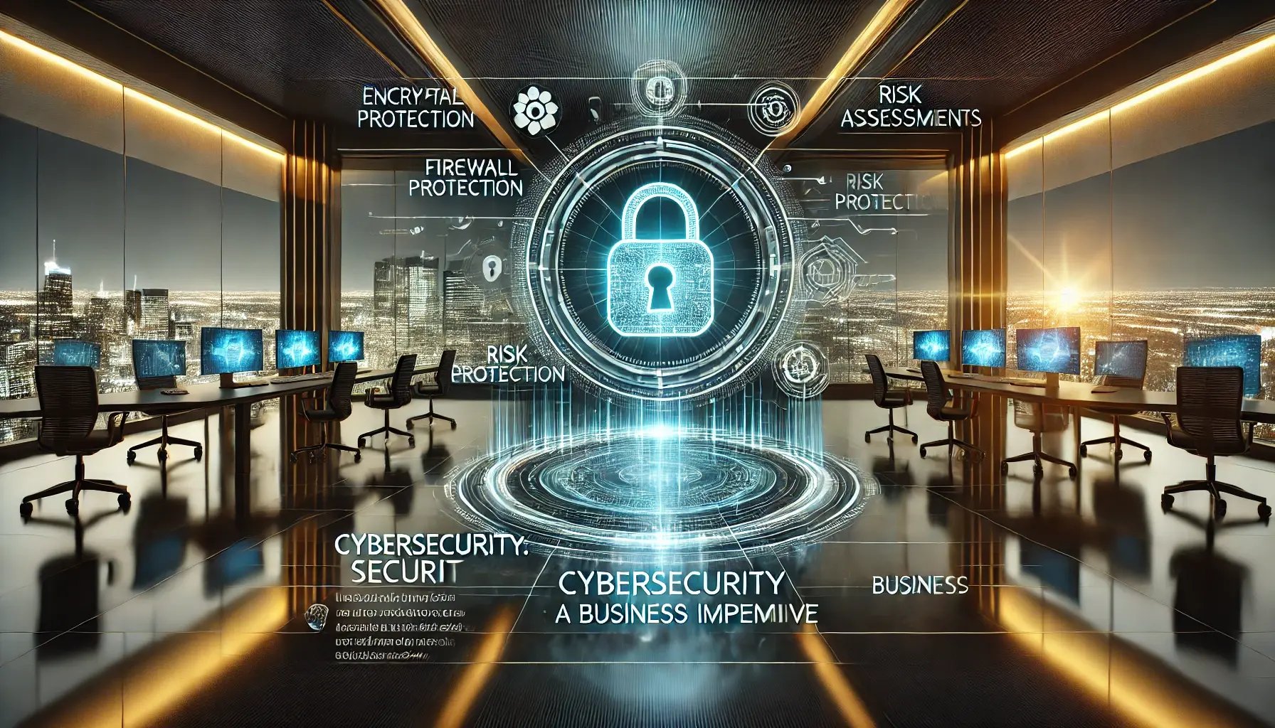 DALL·E 2025-02-13 15.49.33 - A futuristic digital security concept image for an article on cybersecurity. The scene features a high-tech office with glowing holographic screens di
