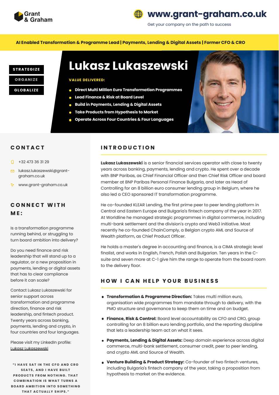 Lukasz Lukaszewski CV cover, Grant & Graham